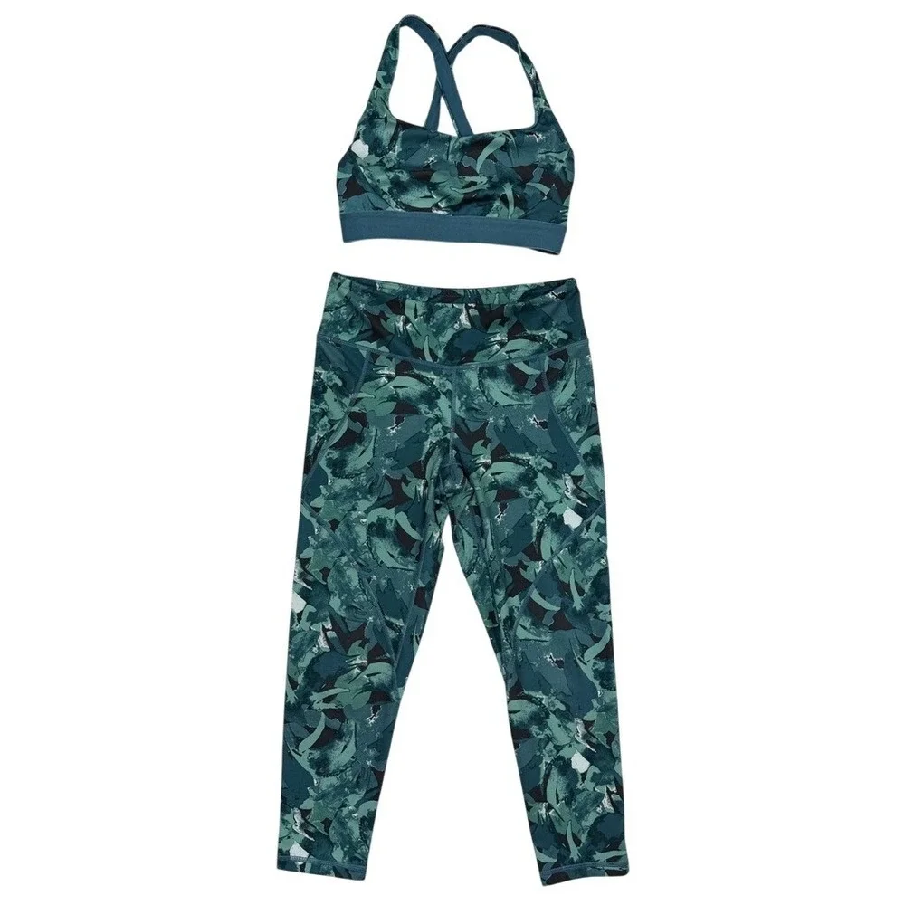 Patagonia Womens Teal Abstract Print Sports Bra and Cropped Leggings Set Small